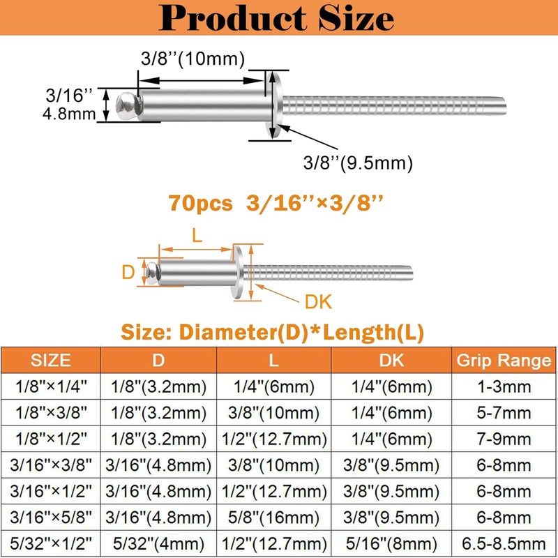 Sunxeke 70pcs 3/16 x 3/8 inch 304 Stainless Steel Pop Rivets, 4.8 x 10mm Blind Rivets for DIY/Automotive Repairs/Furniture - Image 2